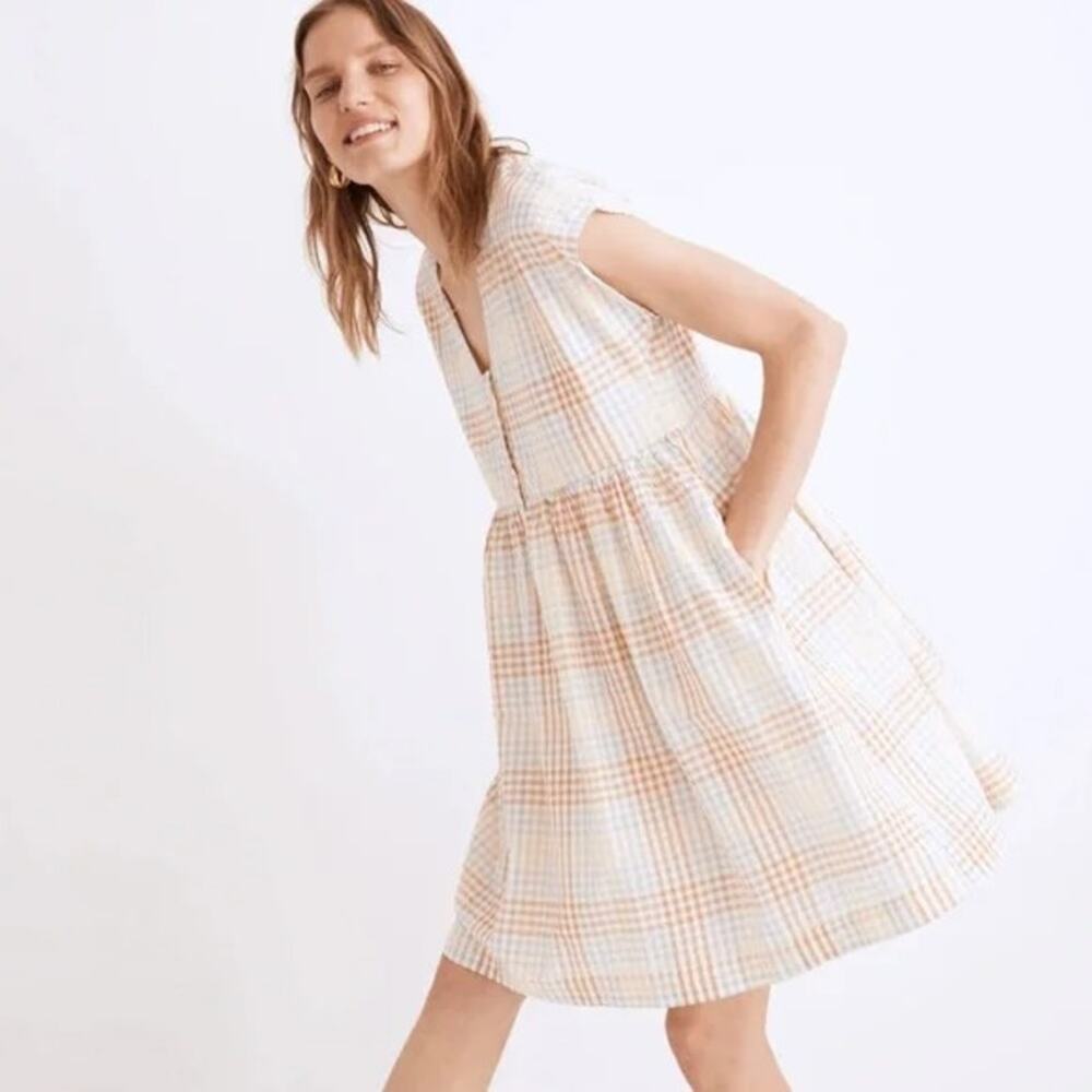 Madewell | Cap-Sleeve Button-Front Mini Dress Peach Cream Plaid Size L